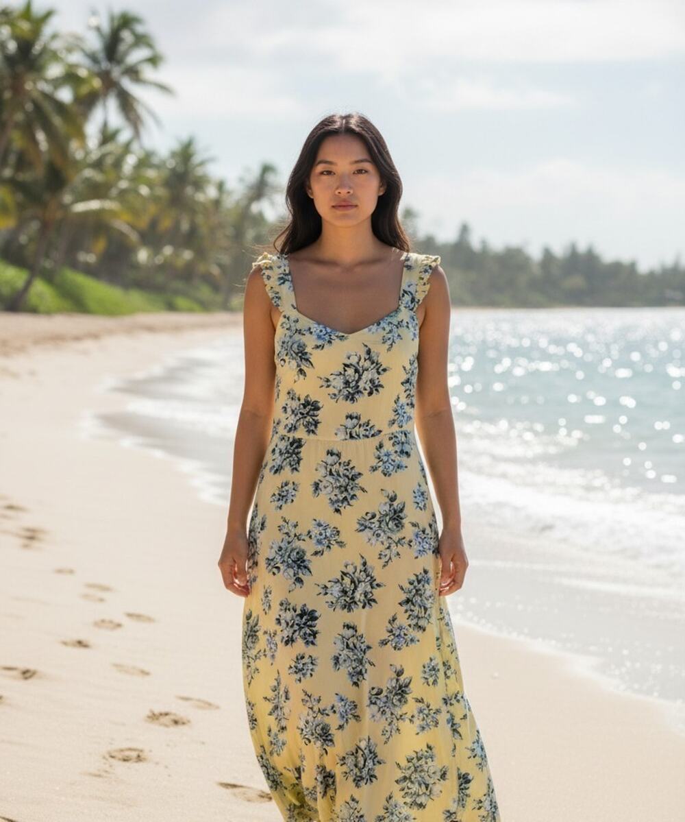 LOFT Dress Womens 2 Yellow Blue Floral Midi Ruffle Strap Fit Flare Sundress Boho